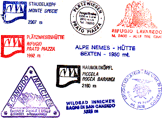 Stempel von den Wanderzielen: Strudelkopf, Plätzwiesen(-hütte), Lavaredo und Dreizinnen-Hütte, Alpe Nemes-Hütte, Haunoldköpfl und Wildbad Innichen