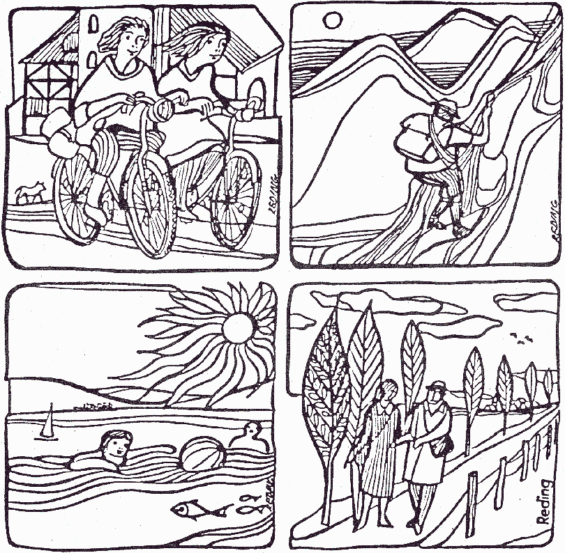 Heft-Titelgrafik: oben links zwei Tandemfahrer; oben rechts ein Bergsteiger; unten links Schwimmen im See; unten rechts eine führt einen anderen