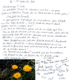 Foto der Gästebuchseite (drei gelbe Arnika-Blüten auf Alpenwiese und folgender Text)